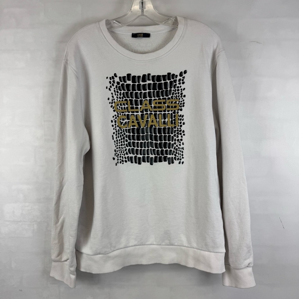 Cavalli Class White Graphic Logo‎ Crewneck Sweatshirt Men’s XL Cotton